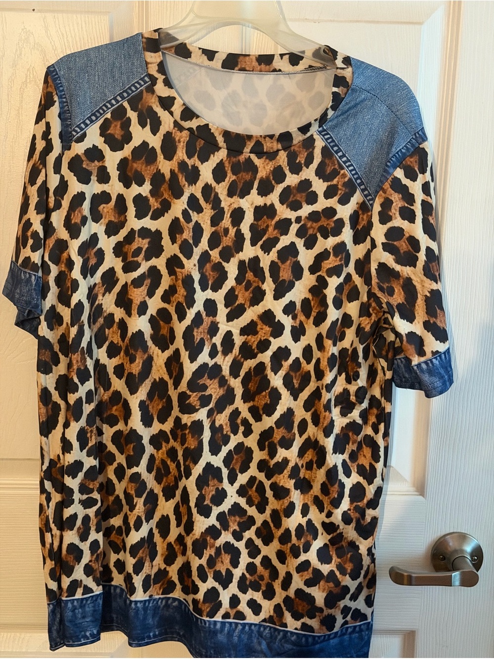 Leopard Print Short Sleeve Blouse with Denim Trim